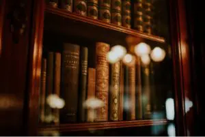 Books inside a glass shelf